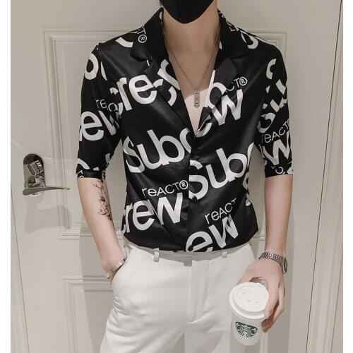 2021 Summer Letter Print Shirt for Men Half Sleeve Slim Fit Casual Shirt Fashion Suit Collar Male Tops Streetwear Chemise Homme