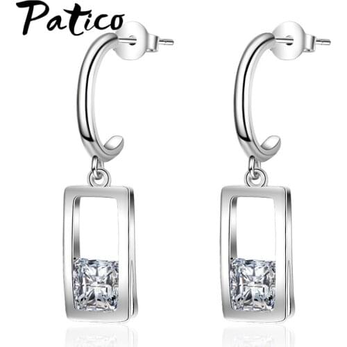 Women 925 Sterling Silver Geometric Design Metal Cubic Zircon Stud Earrings For Wedding Korean Concise Ear Jewelry Lovely Brinco