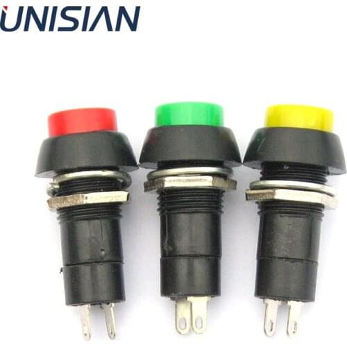 UNISIAN PBS-11A Push Button Switch 12mm self-locking Self-Recovery Plastic Power switch control 3A 250V AC 2PIN Three Color
