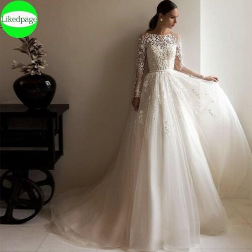 Boho Wedding Dress 2021 Vestidos De Noiva Long Sleeve A-Line Sexy Robe Mariag Scoop Lace Botton Back Nozze Train Boda Bride Gown