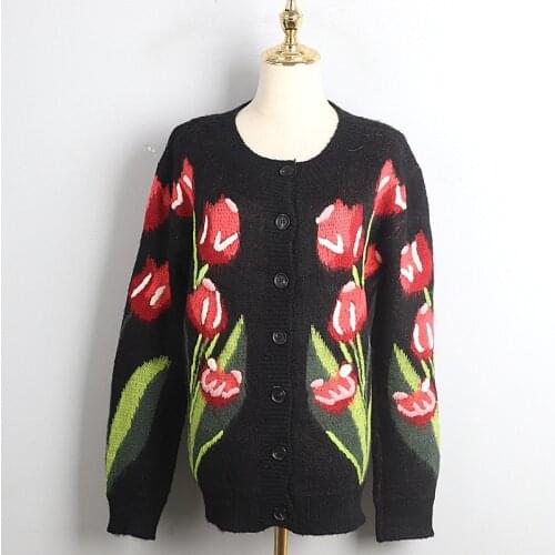 Vintage Tulip Flower Jacquard Loose Mohair Knitted Black pullover Clothes 2020 Women Autumn Winter O-Neck Fashion Sweater