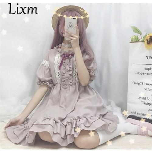 Japanese Kawaii Lolita Dress Tea Party Round Neck Lantern Sleeves Lolita Bowknot Stitching Soft Sister Dress Women Girl