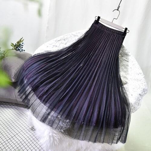 Women Long Mesh Skirt Shinny Maxi Pleated Skirt A Line Midi Skirts Elastic Waist 2020 Vintage Femme Casual Party Festival Skirts