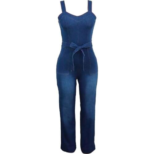Women Loose Style Jumpsuit Dark Blue Solid Color V-neck Sleeveless Overalls With pockets S/ M/ L/ XL