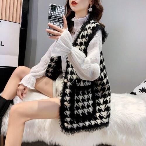 Faux Mink Fur Houndstooth Knitted Vest 2020 Women Autumn Winter Pocket Loose Plaid Sleeveless Cardigan New Fashion Waistcoat