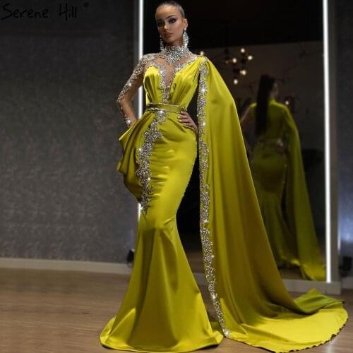 Serene Hill Gold Satin Luxury Beaded Mermaid Evening Gown 2021 Sexy One Shoulder With Cape For Women Formal Party Dress CLA70869