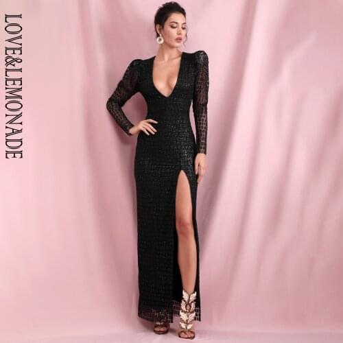 LOVE & LEMONADE Sexy Black V-Neck Bubble Long Sleeve Whit Split Glitter Glue Material Party Maxi Dress LM82256