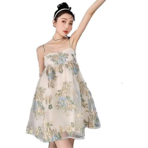 2021 New Arrival Summer Women Sexy Spaghetti Strap Dress High Quality Flowers Embroidery Slim Ball Gown Mini Dress