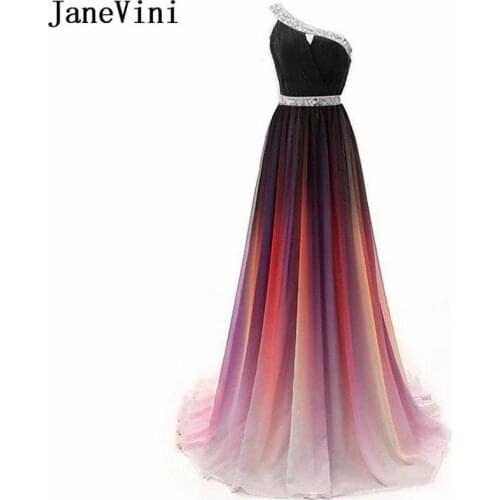 JaneVini Rainbow Gradient Color Prom Dresses Long Beaded One Shoulder Pleated A Line Blue Red Chiffon Women Formal Party Gowns