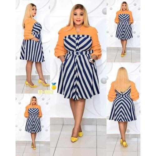 2021 Womens Spring and Autumn Dress Sexy African V-neck Puff Sleeve Striped Printed Polyester Plus Size Knee-length Dress New