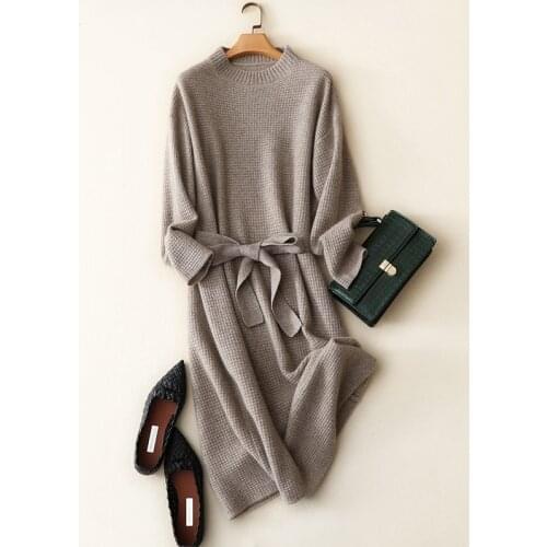 Winter thick womens crew neck long sleeve luxury 100% pure cashmere knit dress pullover
