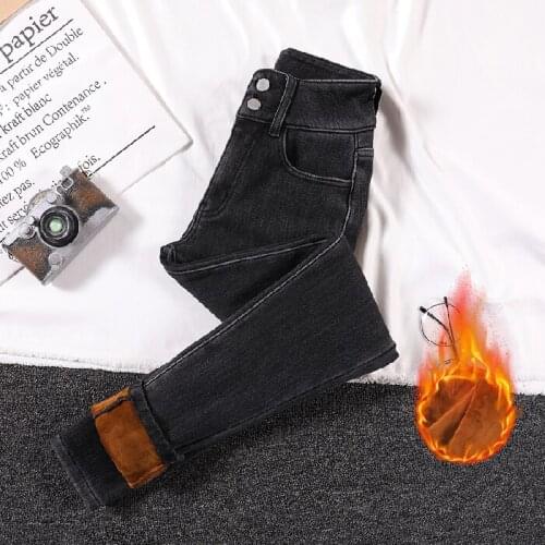 2021 Winter Velvet Jeans Mom Warm Thick High Waist Double-button Skinny Jeans Slim Stretch Ladies Trousers Female Denim Jeans