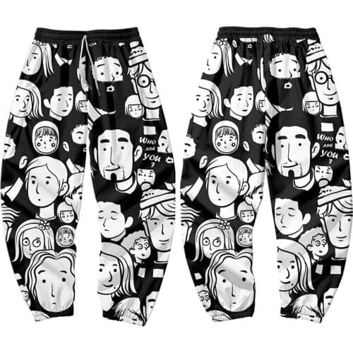 Black White Cartoon Characters Printed Men Japanese Style Cargo Pants Joggers Harajuku Sweatpant Hip Hop Trousers Plus Size 6XL