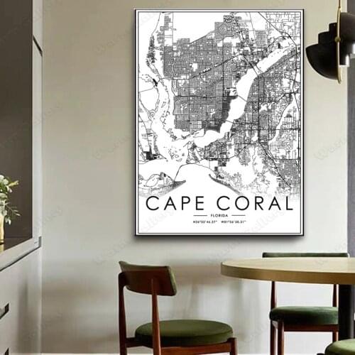 Black and White Florida City Map The Cape coral City Map Poster HD Print Wall Art Canvas Nordic Landspace Painting for Home