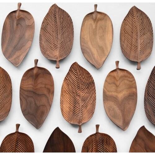 Musowood Wooden Leaf Tray For Tea Set Cup Fruit Snake Dessert Home Decoration For Hotel Office Black Walnut Leaves Plate Sample