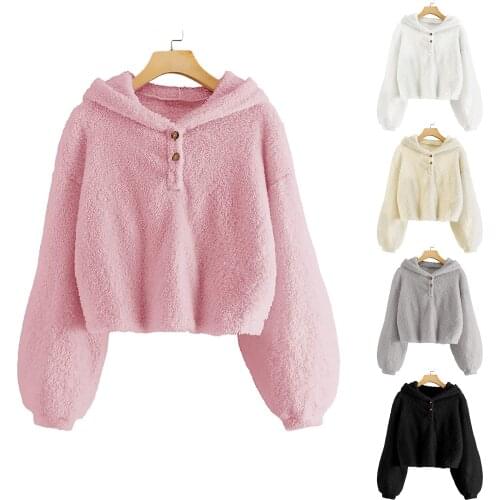 Kids Fleece Hoodie 4Y-12Y Pullover Loose Button Top Casual Fashion Long Sleeve Tops White Pink Grey Black Beige Hooded Wholesale