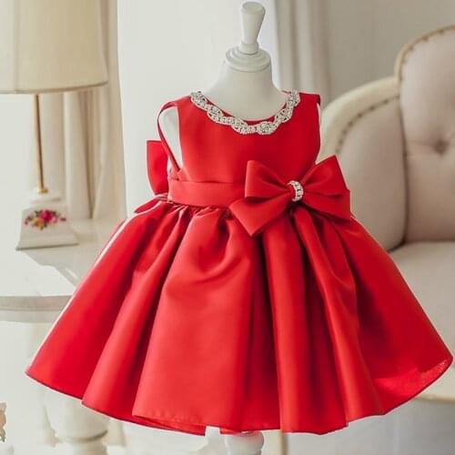 Elegant Girl Dress 2017 Fashion Red Satin Sequin Bow Sleeveless Party Tulle Flower Princess Wedding Dresses Birthday Ball Gown