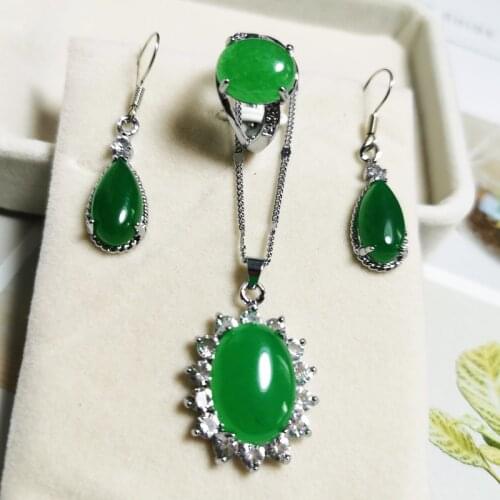 Jadery Real 925 Silver Jewelry Sets For Women CZ Emerald Green Jade Ring/Necklace/Earrings Vintage Party Wedding Female Gifts