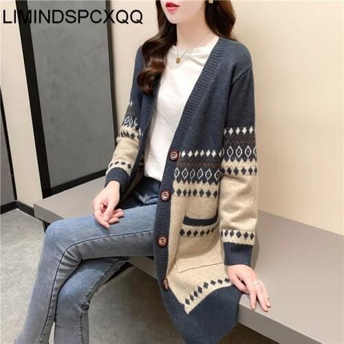 Women Knitted Autumn Cardigan Sweater With Button Casual Loose Knitting Open Stitch Outwear Female Coats Femme 2021 Fashion Tops
