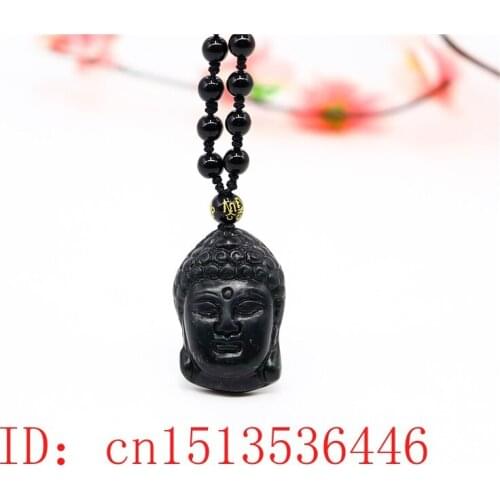 Chinese Natural Black Jade Obsidian Buddhism Pendant Necklace Fashion Charm Jewellery Carved Amulet Gifts Sweater Chain