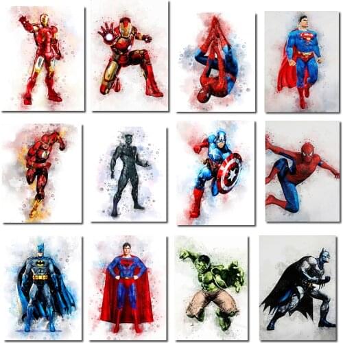 Marvel Superman Spiderman Iron Man Hulk Watercolor Canvas Painting Poster Kids Bedroom Room Decoration HD Print Painting