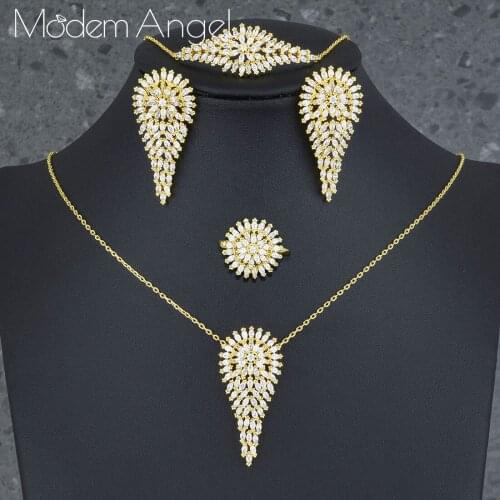 ModemAngel Luxury Water Drop Necklace Bracelet Earring Ring Jewelry Sets For Women Wedding Indian Dubai Bridal Jewelry Set