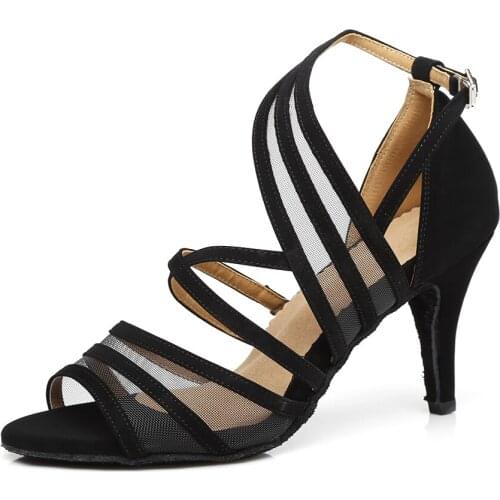 Fashion Flannel and Mesh Latin Dance Shoes Party Tango Waltz Samba Ballroom Dancing Shoe Women Ladies High Heel 6/7.5/8.5cm A139