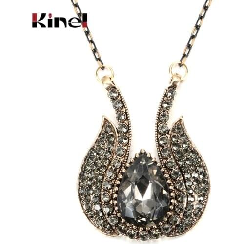 Kinel 2020 New Arrival Women Grey Crystal Necklace Antique Gold Big Water Drop Pendant Necklace For Gift Vintage Wedding Jewelry