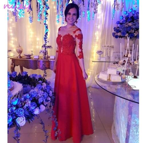 NYZY E22 Illusion Neck Beaded Lace Appliques 3/4 Sleeves Chiffon Dress Formal Dress Robe Soiree 2019 Red Evening Dress