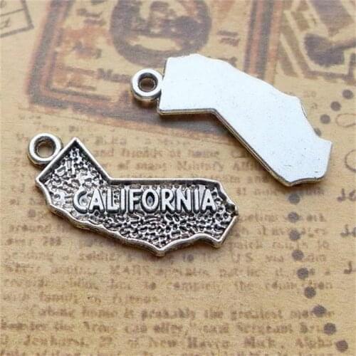 BULK 30 Zinc Alloy United States Califoria Map Charms for Bracelets Tibetan Silver Plated DIY Jewelry Making 26*13mm 1.5g
