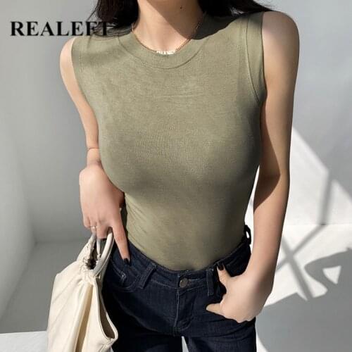 REALEFT Summer 2021 New Womens Crop Tops Sleeveless Cotton Knitted Tops Vest Ladies Solid Outfit Stretchy Chic Tanks Female
