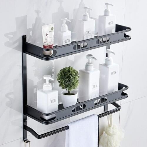 Bathroom Rack Free Punching Aluminum Black Multifunctional Double Bathroom Storage Rack Wall Hanging Shelf Hardware Rack