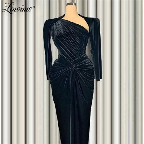 Formal Black Velvet Muslim Middle East Women Evening Dresses 2021 Custom Made Plus Size Long Sleeve Party Gown Robe De Soiree