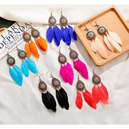 7 Color Vintage Long Feather Earrings For Women Summer Bohemia Water Drop Alloy Female Earrings Brincos Bijoux