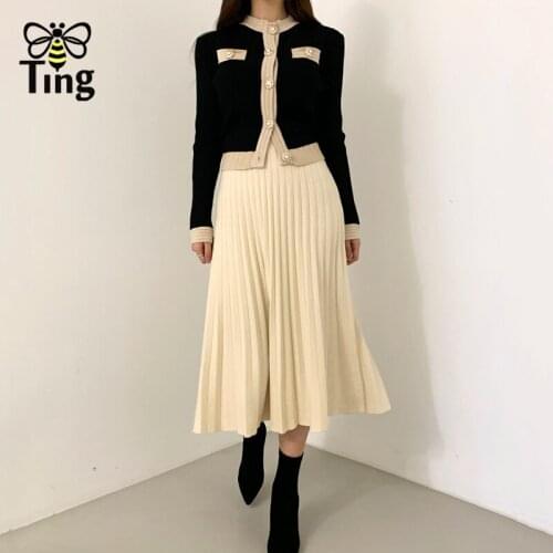 Tingfly Vintage Elegant Women Sweater Single Breasted Cardigan & Knitting Midi Skirts Women Sets Dress 2 Pcs Dress Street Outfit