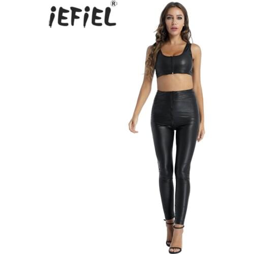 Women Patent Leather Wet Look Casual Sets Sleeveless Camisole with High Waist Slim Fit Long Pants Two-piece Lingerie Costume