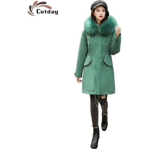 Cotday Lamb Wool New Green Fur Coat Women Hooded Outerwear Long Winter Coat Thick Warm Jacket Cotton Padded Wadded Parkas