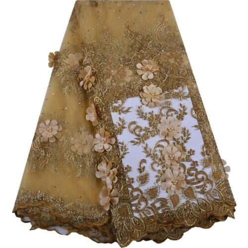 Gold Embroidered Tulle Lace Fabric Pearls Lace Applique Fabric For Wedding African 3D Flower Lace Fabric High Quality S1393