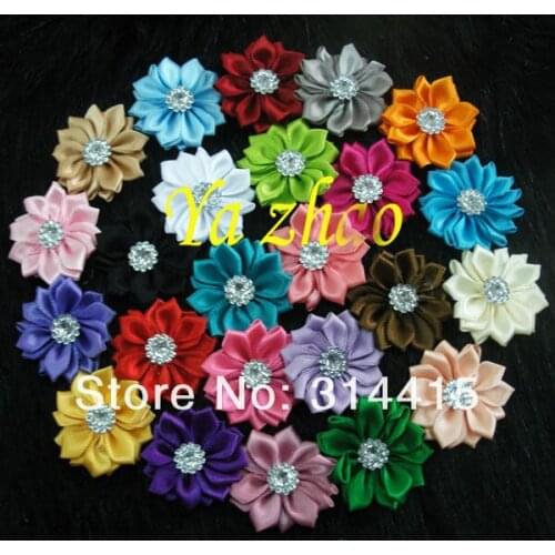 1.5" Satin Ribbon Multilayers Flower With Rhinestone DIY, hair flower for clips, 60pcs/lot, mixed 20colors, free shipping