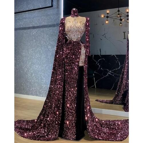 2021 Arabic Purple Split Prom Dresses Luxury Beading Sequined High Neck Long Sleeve Women Plus Size Formal Evening Gowns