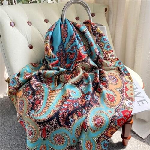 2021 New Retro Style sapphire green cashew flower silk crepe satin 110cm printed mulberry silk square scarf womens shawl scarf