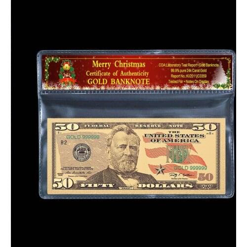 American Fifty Dollars Banknote in 24k Gold Plated With Plastic Frame For Christmas 50usd Money Card Paper Gifts Pack of 2pcs