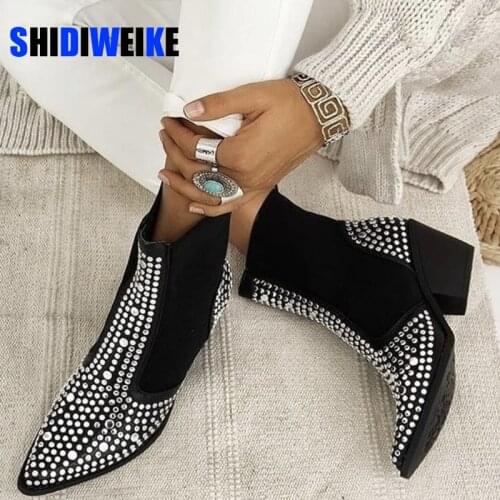 British style square rivets ankle boots for women pointed toe Western cowboy decoration winter boots studs Autumn botas mujer
