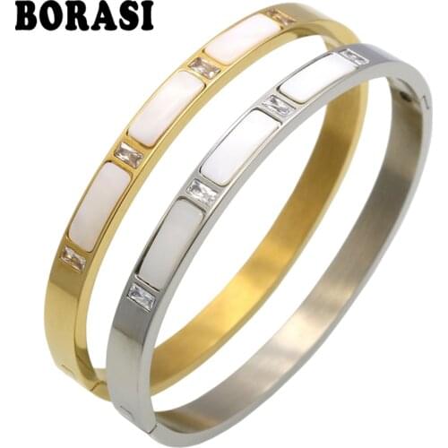 Gold Color Stainless Steel Natural Shell Bracelets Bangles, Roman Letter Crystal Bangle For Women Jewelry pulseiras joyas
