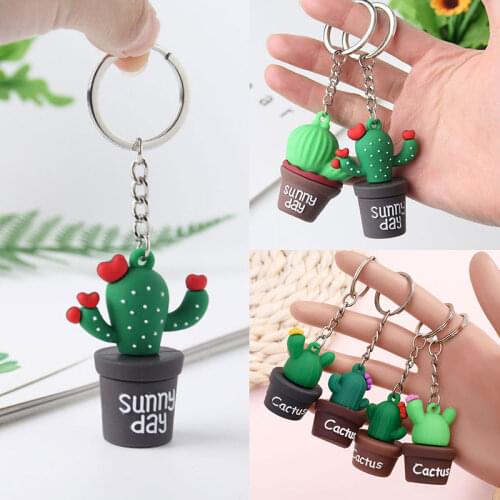 Cute Simulation Cactus Potted Keychain Green Plant Key Chain Mini Bonsai Flower Key Ring Soft Rubber Couple Car Bag Pendants HOT