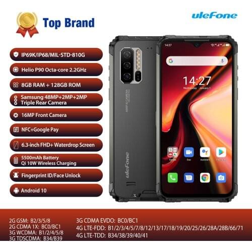 Global Version Ulefone Armor 7 Android 10 Smartphone Rugged Mobile Phone Helio P90 8GB+128GB 2.4G/5G WiFi IP68 48MP CAM 4G LTE