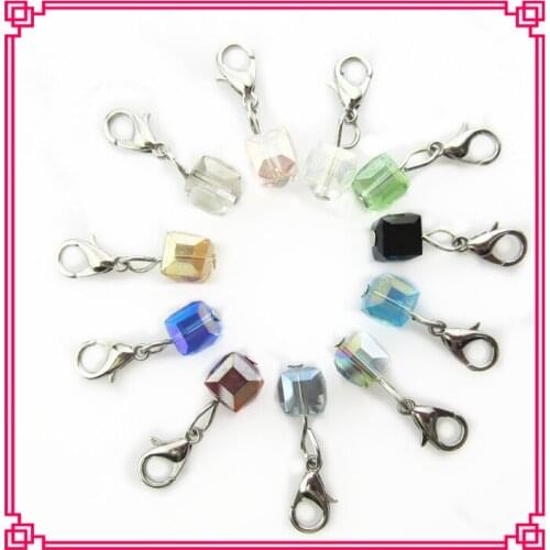Hot selling 50pcs/lot mix 10 different color rhinestone crystal square dangle charms lobster clasp charms for floating lockets