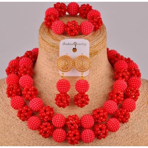Red costume necklace african wedding jewelry sets simulated pearl and crystal nigerian beads jewelry set FZZ94