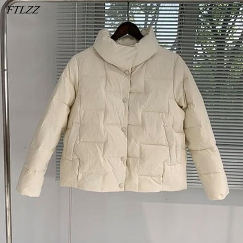 FTLZZ Winter Routine Fit Stand Collar Light Down Short Jacket Women 90% White Duck Down Coat Casual Loose Clothing Warm Outwear
