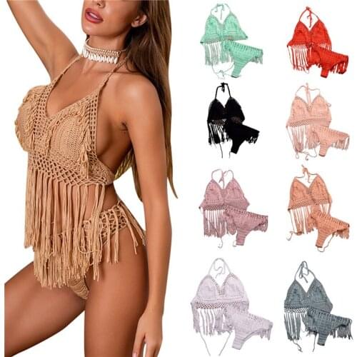 Meihuida 2021 Women Sexy Bikini Set Hollow Out Crochet Tassels Halter Bra Tops and Panty Swimwear Swimsuits Bikinis